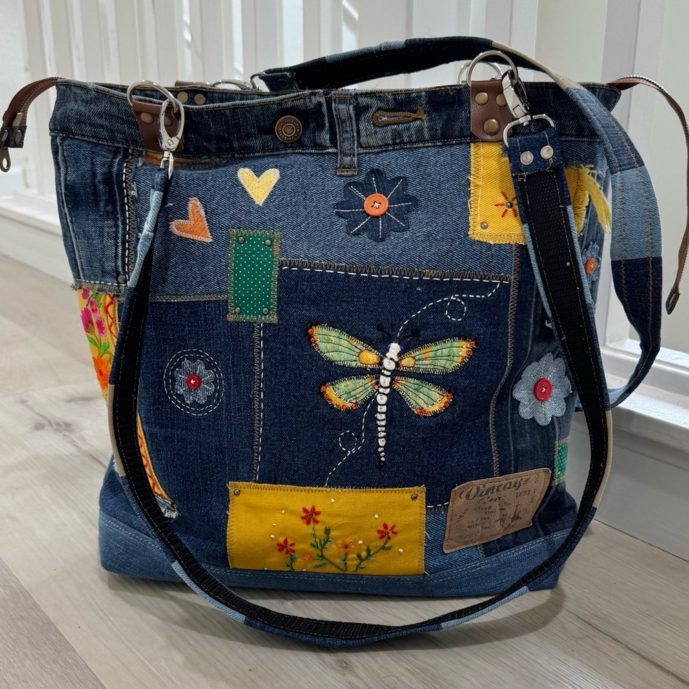Handmade Upcycled Denim Tote Bag – Dragonfly & Patchwork Design - Picture 4 of 15